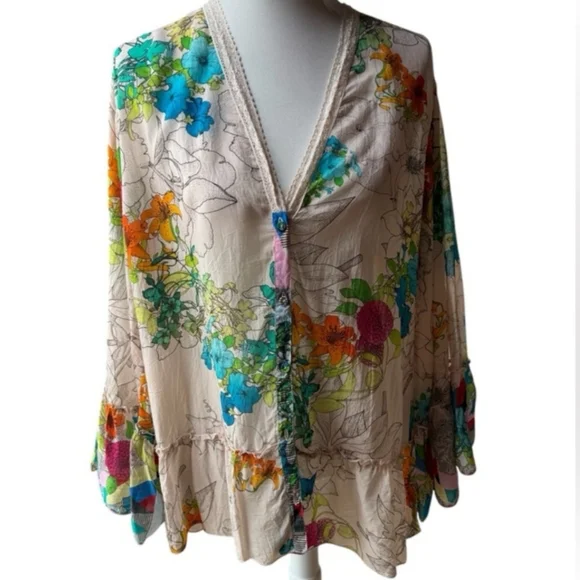 JOHNNY WAS Sequence Georgina Kimono Style Vibrant Floral Blouse NWT Size Medium - Picture 9 of 13